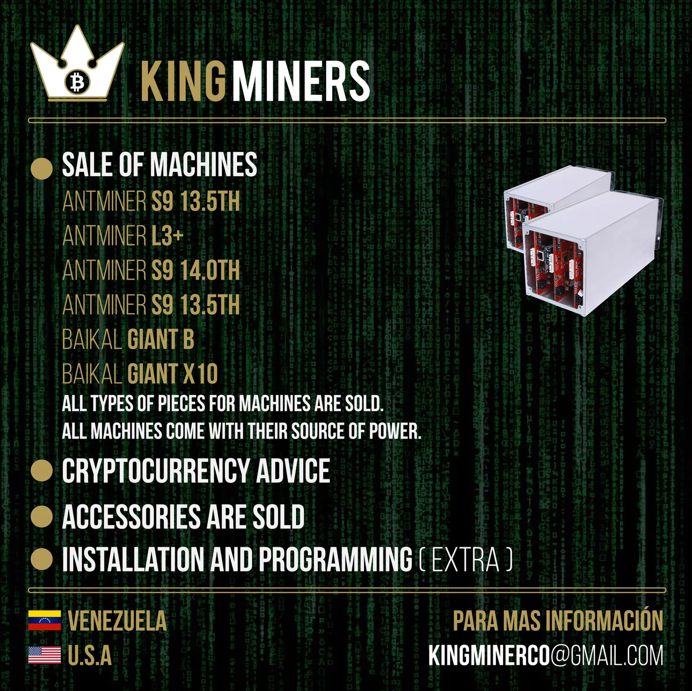 King Miners social post listing the machines for sale