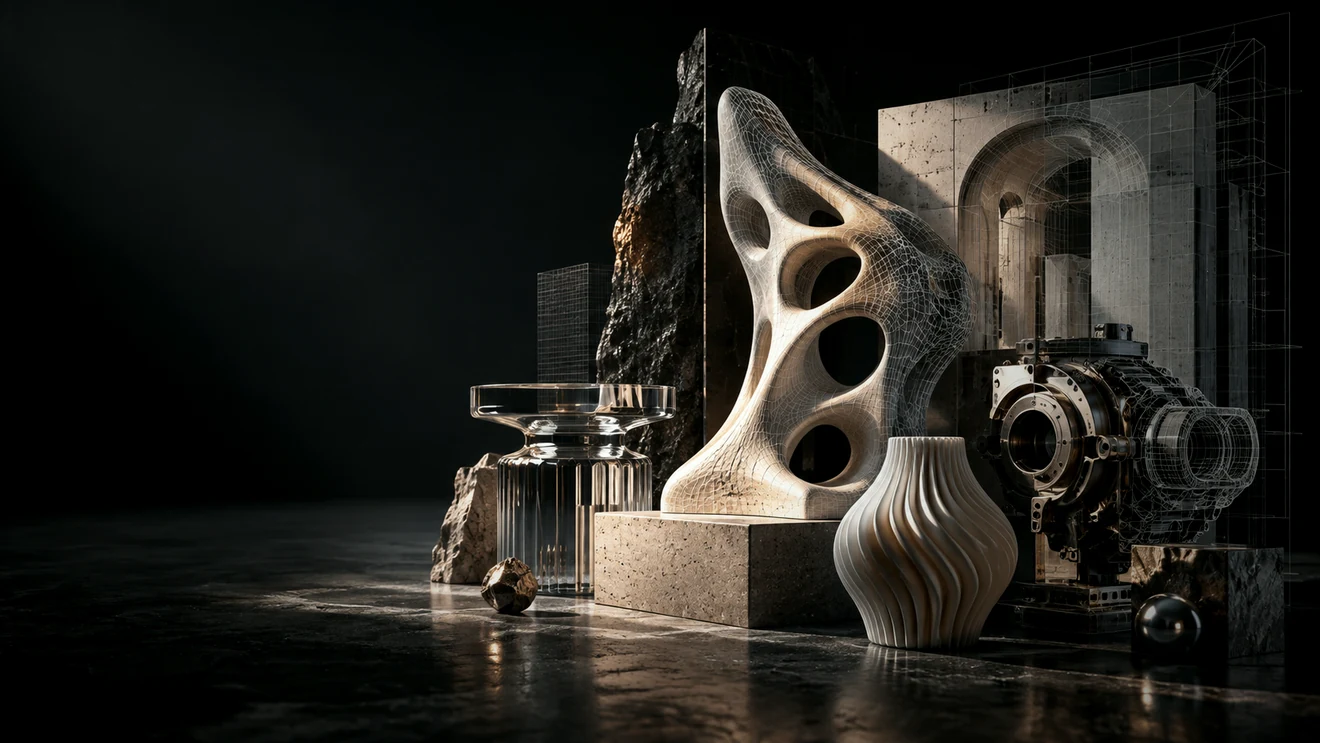Sculptures, 3D-printed objects and raw materials side by side, some half rendered as wireframe